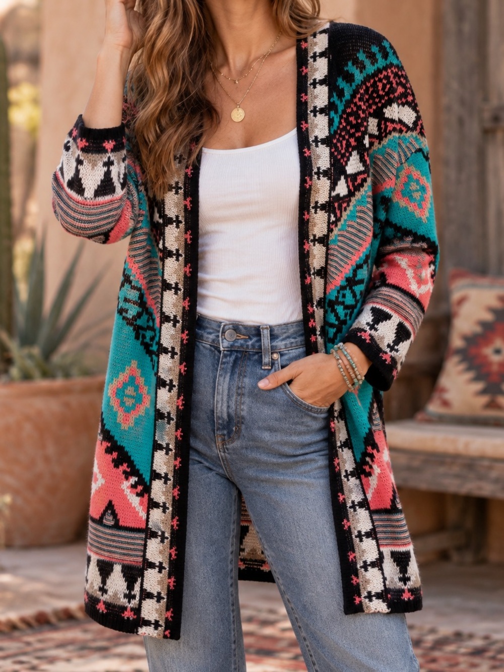 Flying Tomato S Open Sweater Cardigan Southwestern Boho Aztec Turquoise Coral